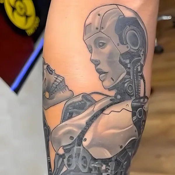 Mujer cyborg en negro y gris en el antebrazo